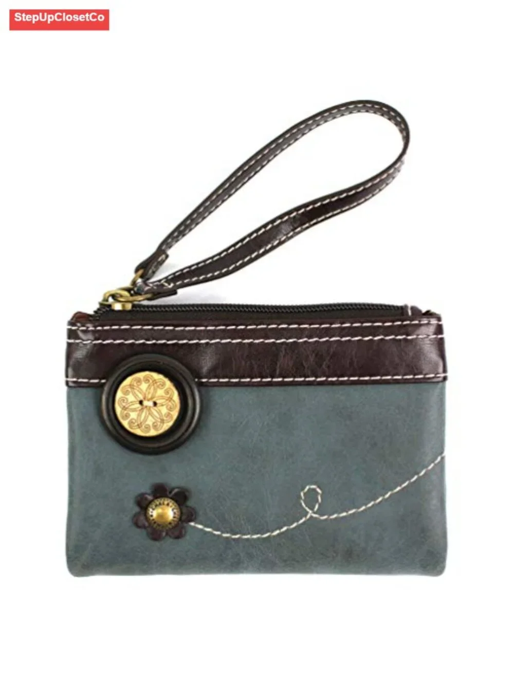 Double Zip Faux Leather Wristlet Wallet with Floral Applique